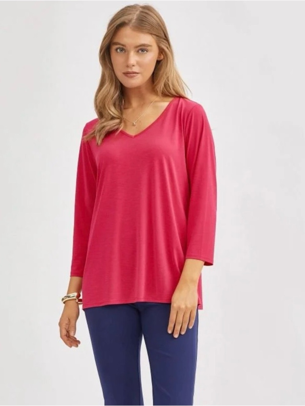 Scarlett V-Neck 3/4th Sleeve Tee in hot pink